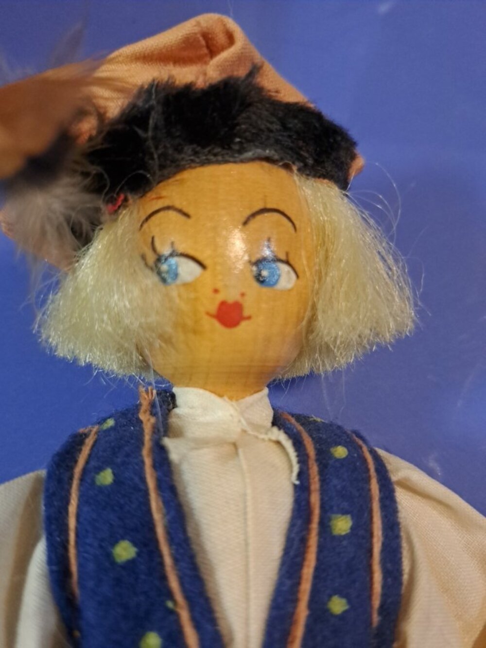 Vintage Wooden Polish Folk Doll With Blonde Hair Painted Features & Traditional